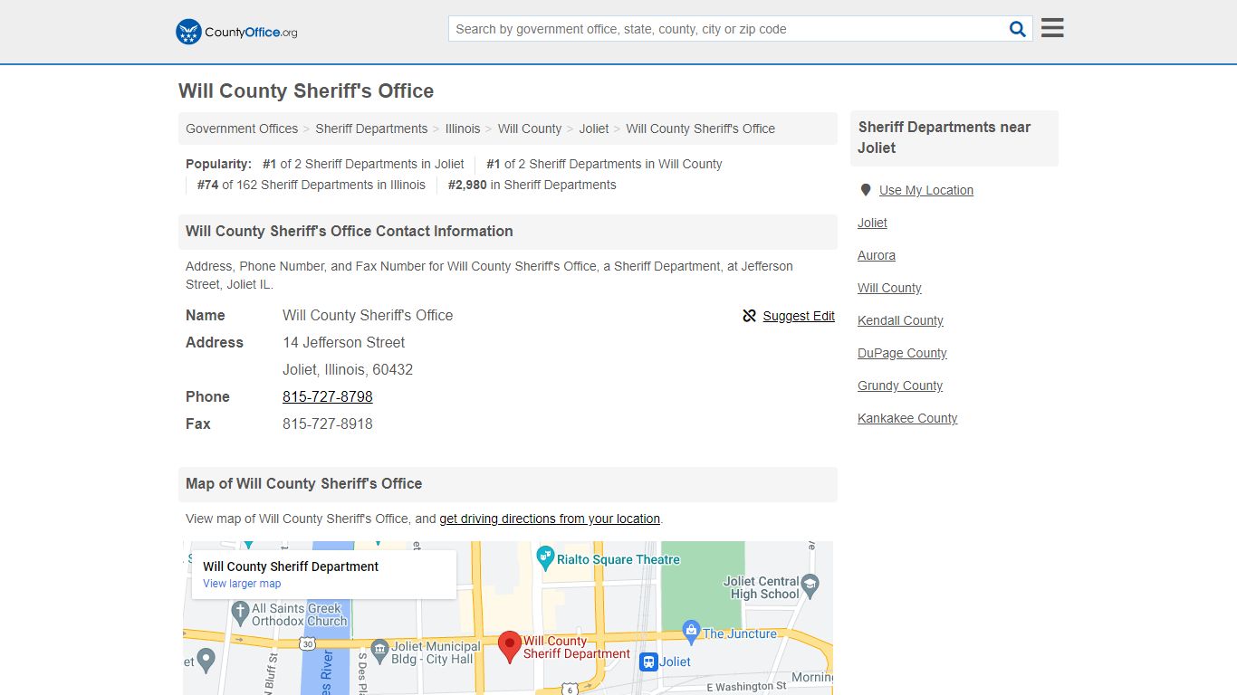 Will County Sheriff's Office - Joliet, IL (Address, Phone, and Fax)